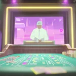 Digital craps table in an online casino environment with live dealer on screen, colorful interface, stacked chips, and neon-lit background monitors.