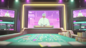 Digital craps table in an online casino environment with live dealer on screen, colorful interface, stacked chips, and neon-lit background monitors.