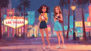 Two young women in Las Vegas checking their phones near the iconic Welcome sign, highlighting the casino age limit for 18-year-olds.