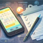 Online keno game on a smartphone with a visible number grid and "Choose Pattern" button, next to a checklist and pen for tracking strategy; glowing keno balls float around, symbolizing chance versus smart play.