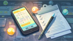 Online keno game on a smartphone with a visible number grid and "Choose Pattern" button, next to a checklist and pen for tracking strategy; glowing keno balls float around, symbolizing chance versus smart play.
