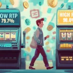 Scène de casino numérique montrant une sélection intelligente de machines à sous, le joueur choisissant une machine à RTP élevé plutôt qu'une option à RTP faible