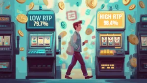 Scène de casino numérique montrant une sélection intelligente de machines à sous, le joueur choisissant une machine à RTP élevé plutôt qu'une option à RTP faible