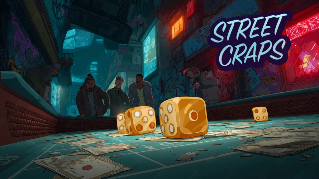 Street craps game in an urban alley with glowing dice, dollar bills on the ground, and players gathered around a gritty city table at night