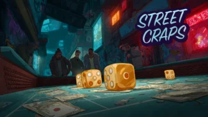 Street craps game in an urban alley with glowing dice, dollar bills on the ground, and players gathered around a gritty city table at night