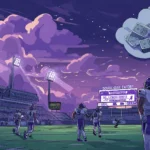 Un joueur de football de l'USFL rêvant d'argent sur le terrain au coucher du soleil, avec une bulle de pensée montrant des piles d'argent, sous les lumières du stade pendant un match.