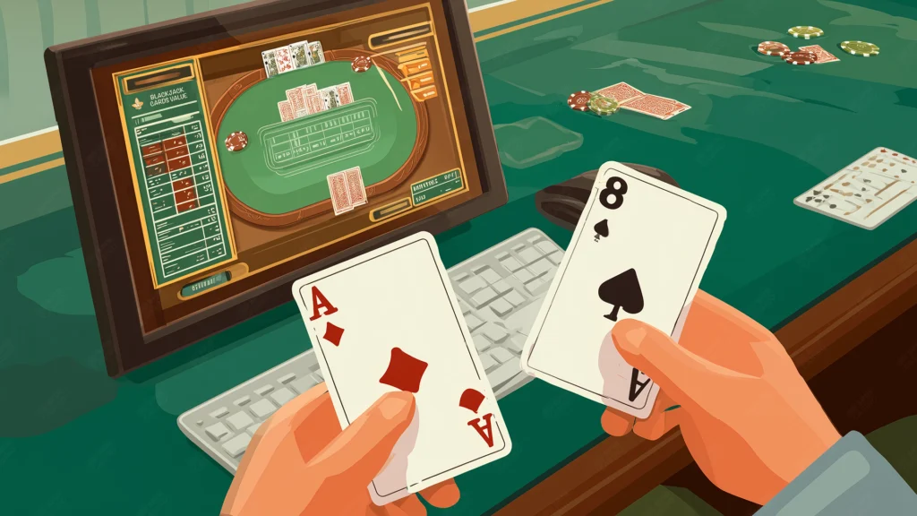 online blackjack game showing a player holding the Ace of diamonds and the eight of spades in front of a computer screen displaying a virtual blackjack table and a card values chart, with poker chips scattered on the green felt surface.