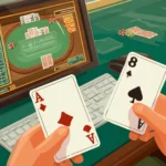 online blackjack game showing a player holding the Ace of diamonds and the eight of spades in front of a computer screen displaying a virtual blackjack table and a card values chart, with poker chips scattered on the green felt surface.