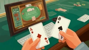 online blackjack game showing a player holding the Ace of diamonds and the eight of spades in front of a computer screen displaying a virtual blackjack table and a card values chart, with poker chips scattered on the green felt surface.