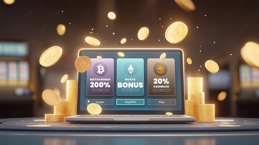 Laptop displaying crypto casino bonus offers including 200% Bitcoin match bonus, no KYC Ethereum bonus, and 20% cashback, with golden coins floating around in a casino setting.