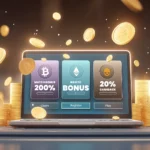 Laptop displaying crypto casino bonus offers including 200% Bitcoin match bonus, no KYC Ethereum bonus, and 20% cashback, with golden coins floating around in a casino setting.