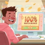 A happy online casino player claiming a 100% match bonus on a computer, with gold coins flying and slot machines in the background.