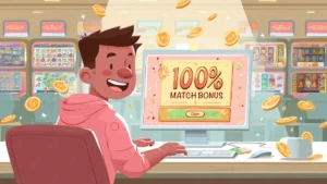 A happy online casino player claiming a 100% match bonus on a computer, with gold coins flying and slot machines in the background.