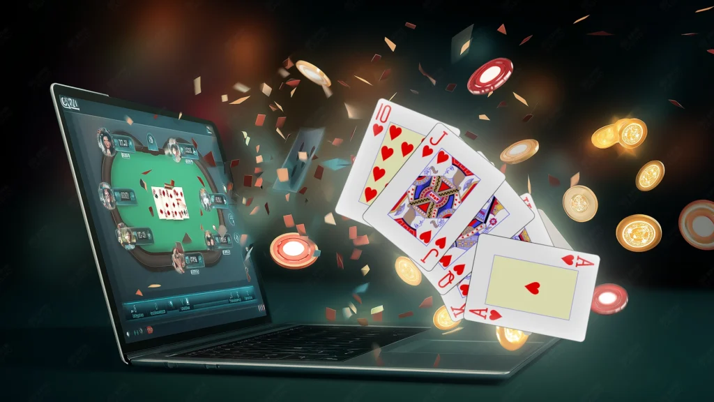 Royal Flush in online poker with hearts cards and casino chips flying out of a laptop screen, symbolizing rare winning hand and big jackpot.