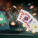 Royal Flush in online poker with hearts cards and casino chips flying out of a laptop screen, symbolizing rare winning hand and big jackpot.