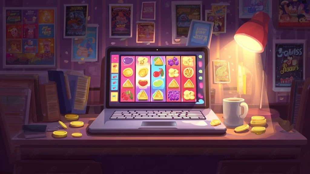 Illustration d'une machine à sous en ligne sur un écran d'ordinateur portable avec des symboles de fruits colorés, des pièces et des affiches en arrière-plan - meilleures machines à sous pour jouer au concept de casino.