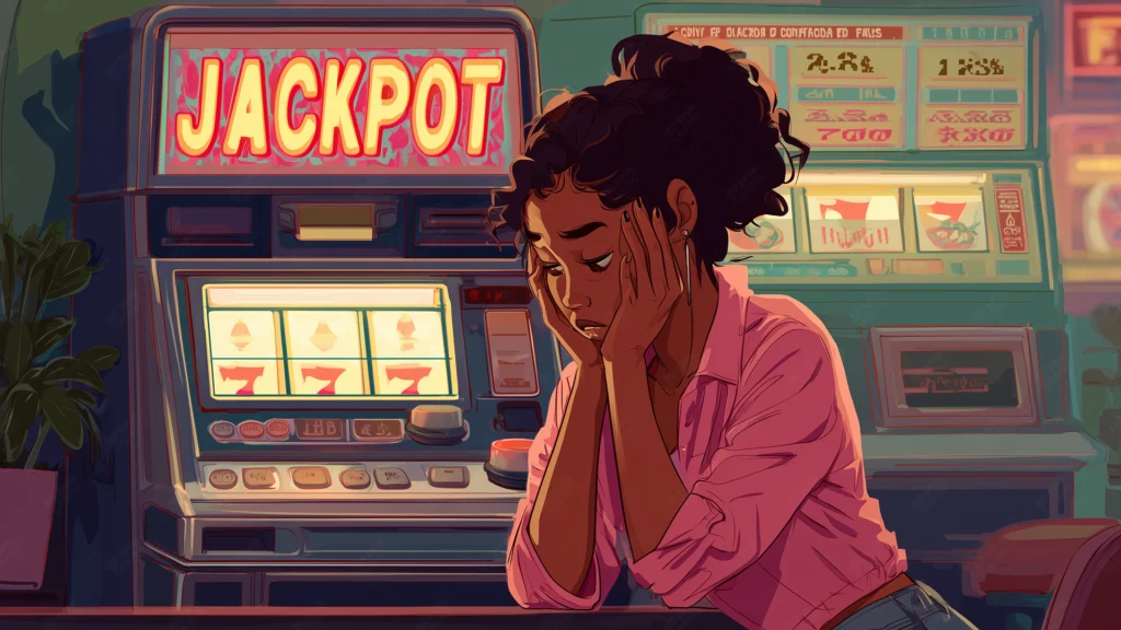 Une femme à l'air déçue devant une machine à sous affichant un signe de jackpot, symbolisant un gain de casino refusé.
