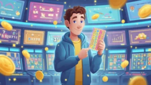 man holding a winning scratch-off lottery ticket in a colorful casino with slot machines and gold coins flying around.