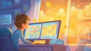 Una persona jugando keno en línea en dos pantallas de computadora, con números brillantes, monedas de oro flotando en el aire y una atmósfera de casino digital brillante.