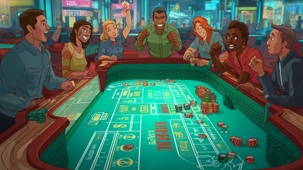 players gathered around a digital craps table, cheering as bets are placed on the field area with chips stacked across the layout.