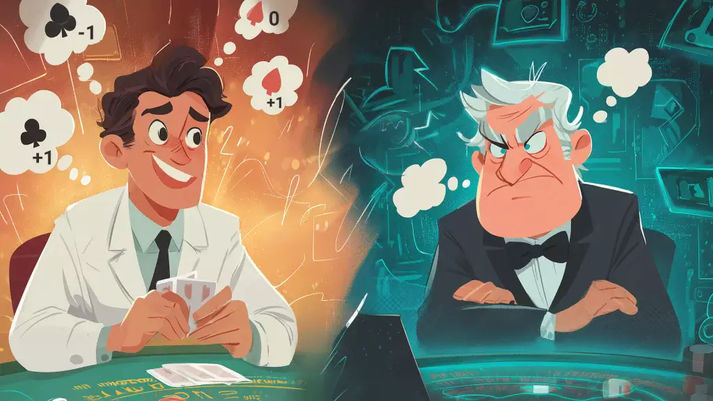 A smiling blackjack player counting cards versus an angry casino pit boss watching suspiciously, highlighting the debate over whether card counting is illegal.