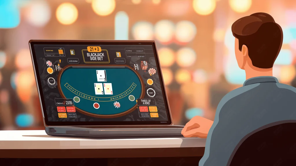 A player at a laptop playing online blackjack with the 21+3 side bet active, showing three cards forming a winning hand and digital chips on the virtual casino table.