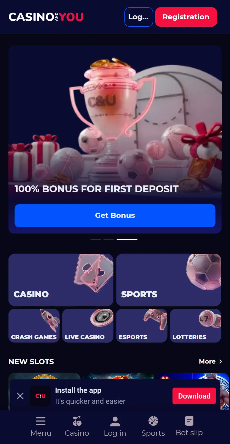 Casino&You mobile homepage featuring a 100% first deposit bonus, Get Bonus button, quick access to Casino, Sports, Crash Games, Live Casino, Esports and Lotteries, and a New Slots section.