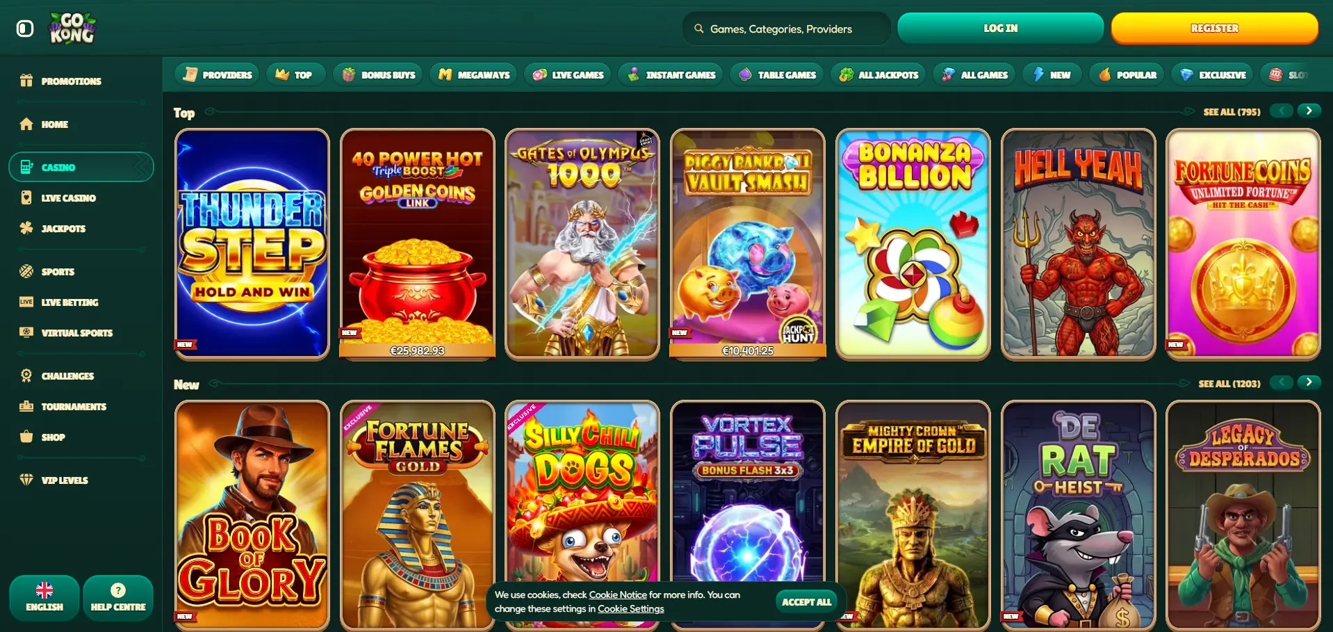 GoKong desktop casino page featuring provider and game category filters, Top and New sections, and titles including Thunder Step, 40 Power Hot Golden Coins, Gates of Olympus 1000, Piggy Bank Vault Smash and Book of Glory.