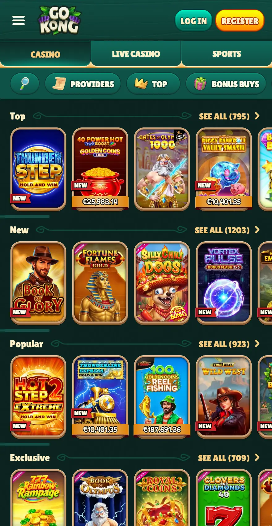 GoKong mobile casino page featuring Top, New, Popular and Exclusive game sections, provider and bonus-buy filters, and titles including Thunder Step, Book of Glory, Fortune Flames Gold and Hot Step 2 Extreme.