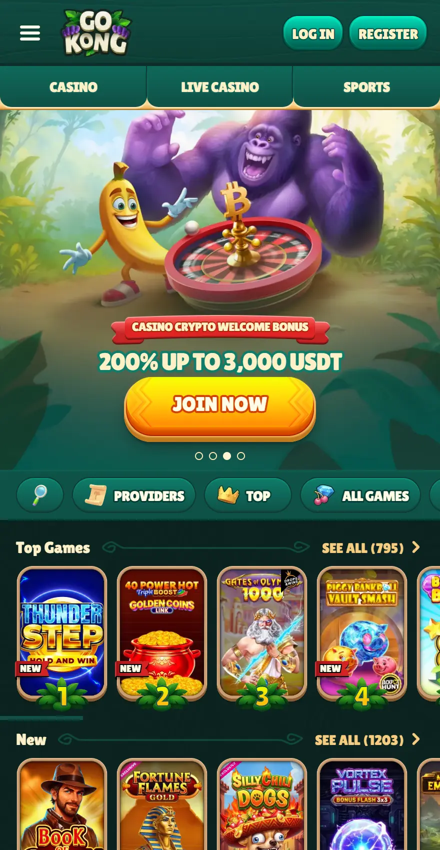 GoKong mobile homepage featuring a crypto welcome bonus of 200% up to 3,000 USDT, Casino, Live Casino and Sports navigation, and Top Games including Thunder Step, 40 Power Hot Golden Coins and Gates of Olympus 1000.