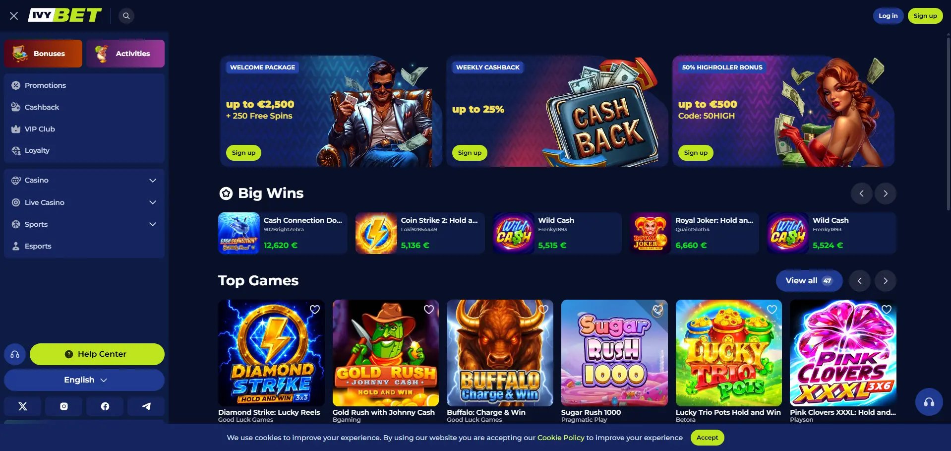 Ivybet desktop homepage featuring a welcome package up to €2,500 plus 250 free spins, weekly cashback and highroller bonus promotions, Big Wins, and Top Games including Diamond Strike, Gold Rush with Johnny Cash, and Buffalo: Charge & Win.