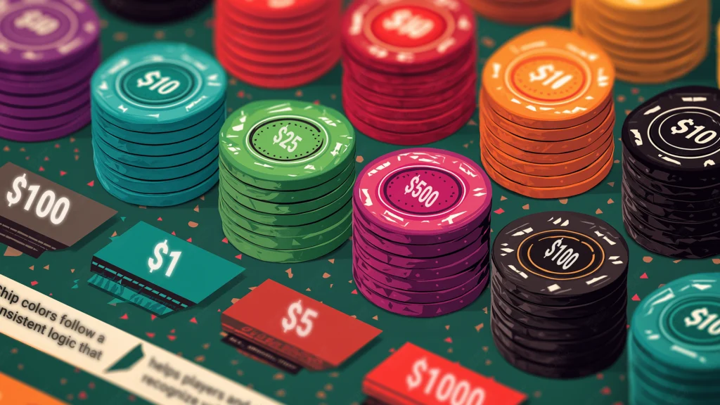 Colorful casino chips neatly stacked on a green digital felt table, showing clear denominations of $1, $5, $25, $100, $500, and $1,000. The image highlights standard casino chip colors and values used in games like blackjack and roulette, representing casino psychology, chip consistency, and visual logic in online gaming design.