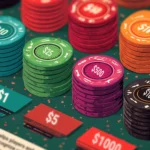 Colorful casino chips neatly stacked on a green digital felt table, showing clear denominations of $1, $5, $25, $100, $500, and $1,000. The image highlights standard casino chip colors and values used in games like blackjack and roulette, representing casino psychology, chip consistency, and visual logic in online gaming design.