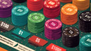 Colorful casino chips neatly stacked on a green digital felt table, showing clear denominations of $1, $5, $25, $100, $500, and $1,000. The image highlights standard casino chip colors and values used in games like blackjack and roulette, representing casino psychology, chip consistency, and visual logic in online gaming design.