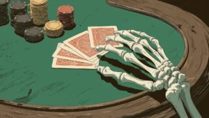 A skeleton hand holds four playing cards on a green poker table, surrounded by stacks of poker chips, under dim lighting and with a worn wooden table edge.