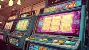 Side view of multiple Vegas-style slots, warm ceiling lights and glowing paytables.