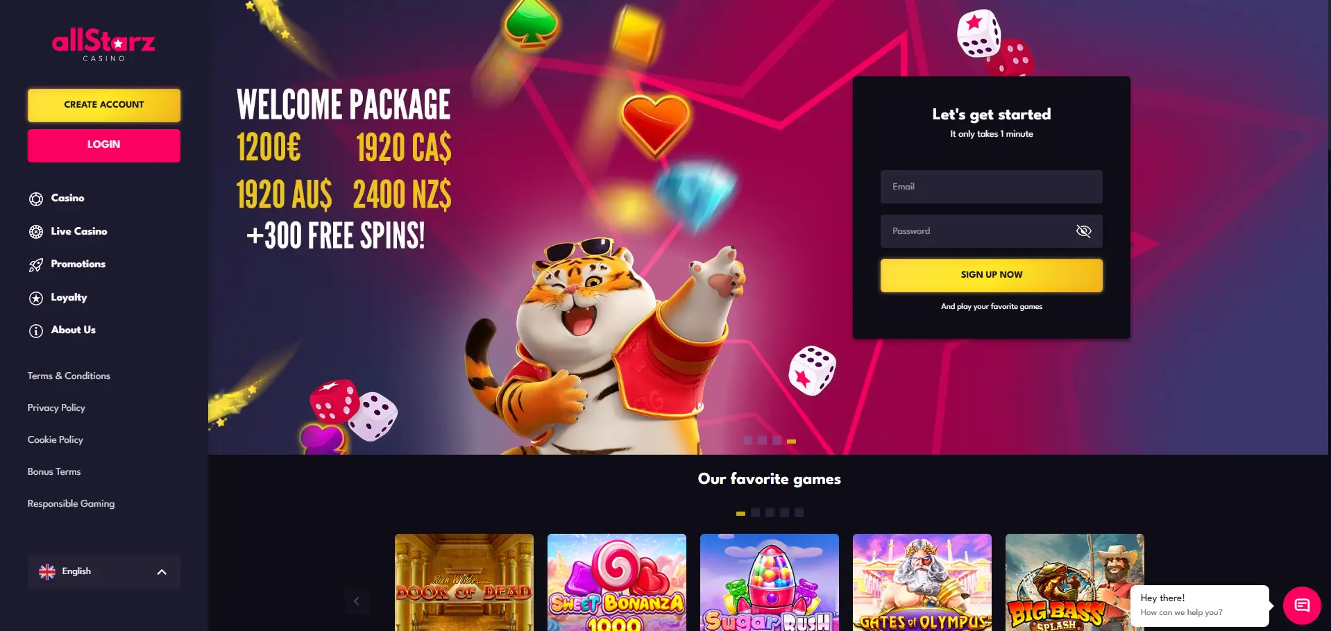 AllStarz Casino desktop homepage featuring a welcome package of up to €1,200, CA,920, AU,920 or NZ,400 plus 300 free spins, sign-up form, and favorite casino games.