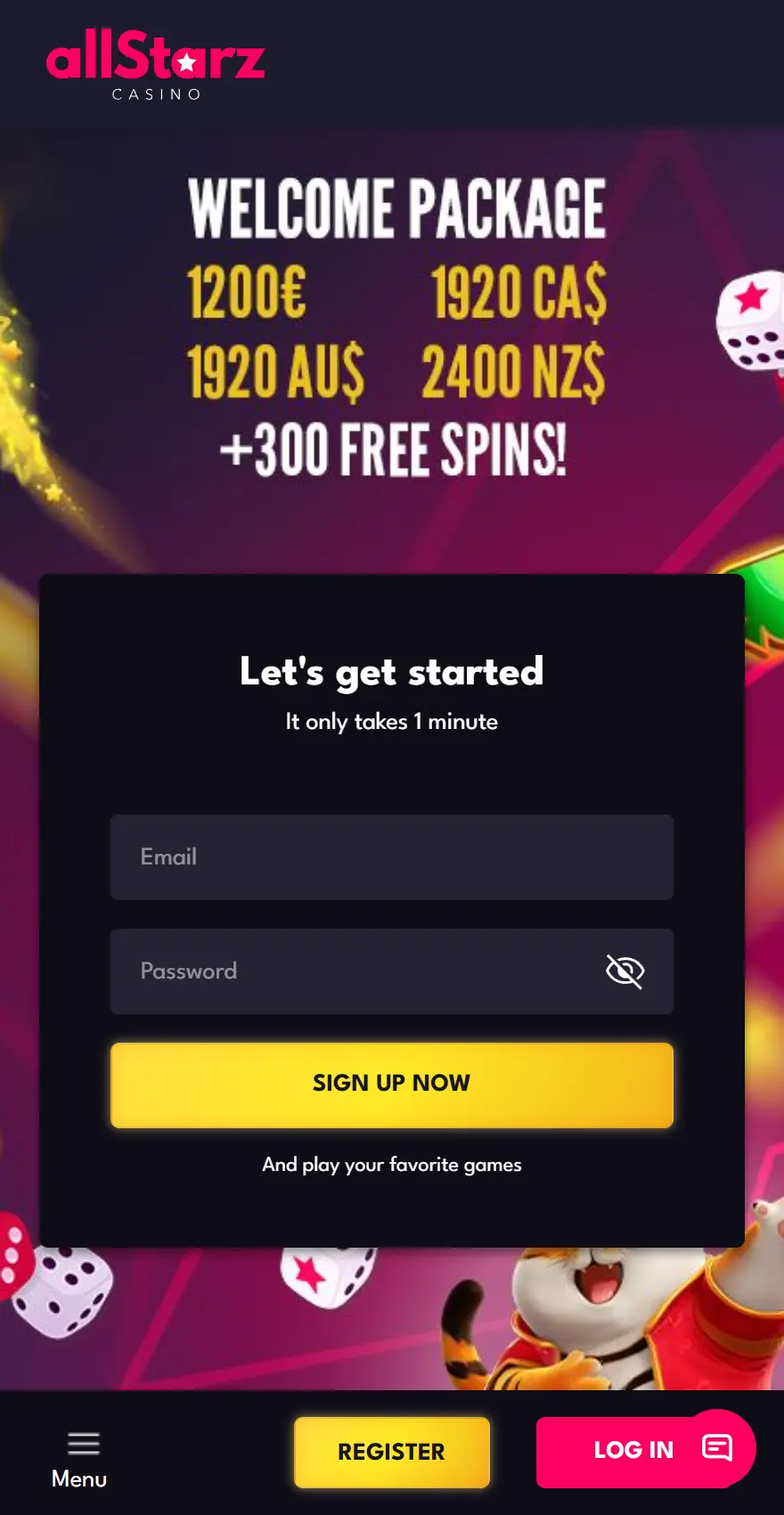 AllStarz Casino mobile homepage featuring a welcome package of up to €1,200, CA,920, AU,920 or NZ,400 plus 300 free spins, with email and password sign-up form.