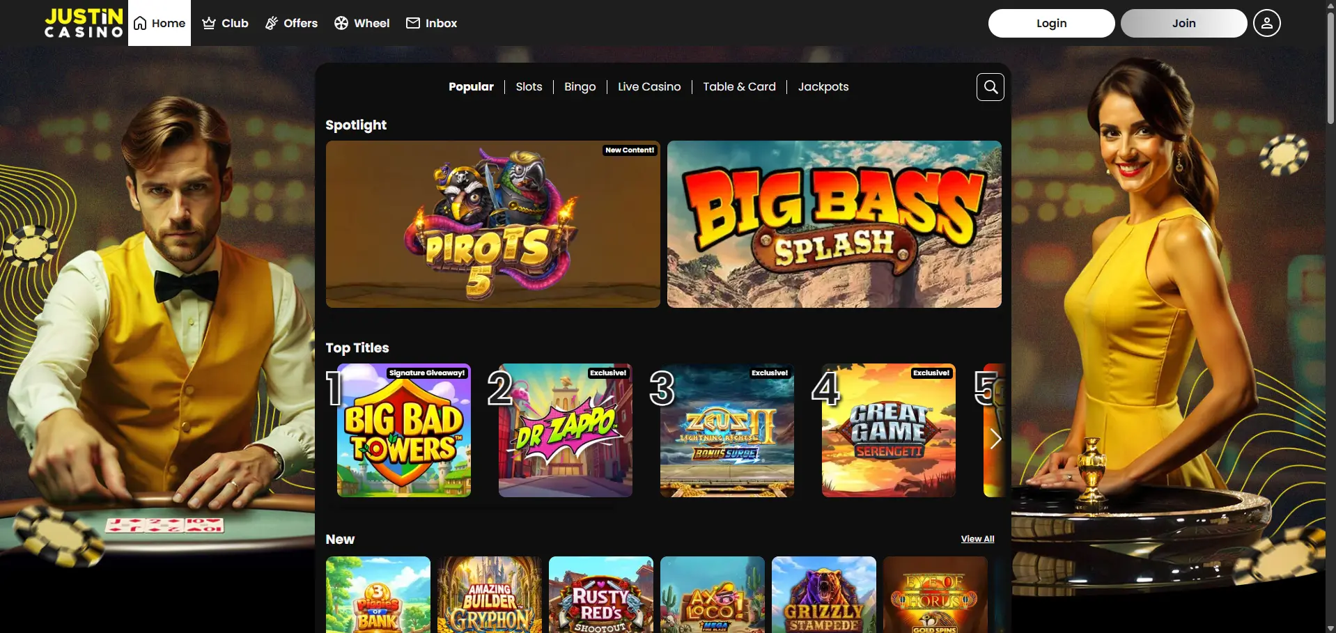 Justin Casino desktop games page featuring Popular, Slots, Bingo, Live Casino, Table & Card and Jackpots categories, Spotlight games Pirots 3 and Big Bass Splash, plus Top Titles and New game sections.