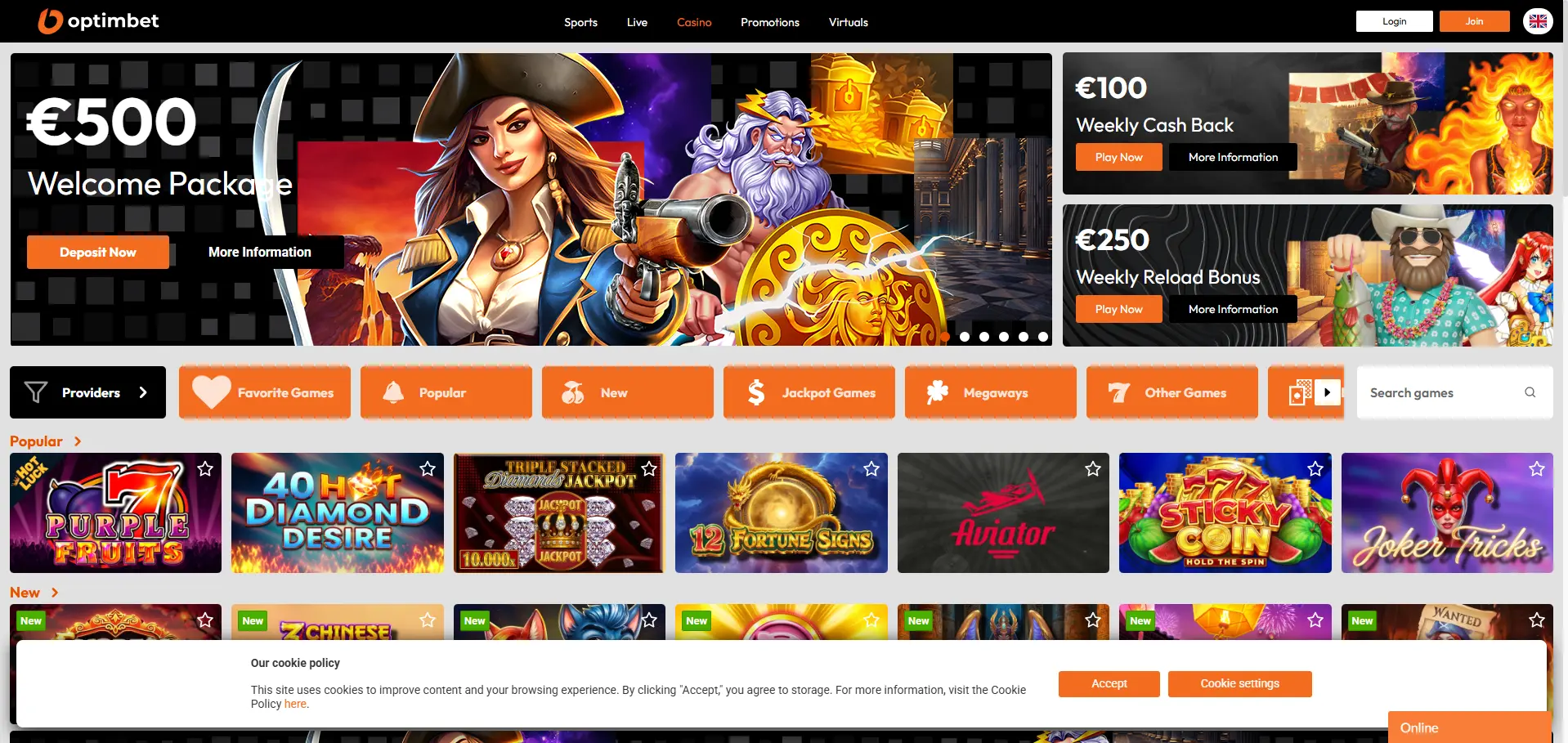 Optimbet desktop casino page featuring a €500 welcome package, €100 weekly cashback and €250 weekly reload bonus promotions, category filters, game search, and Popular and New casino game sections.