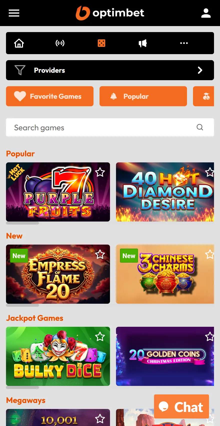 Optimbet mobile casino page with provider and game category filters, search, and sections for Popular, New, Jackpot Games, and Megaways, featuring titles such as Purple Fruits, 40 Hot Diamond Desire, Empress of Flame 20, and Bulky Dice.