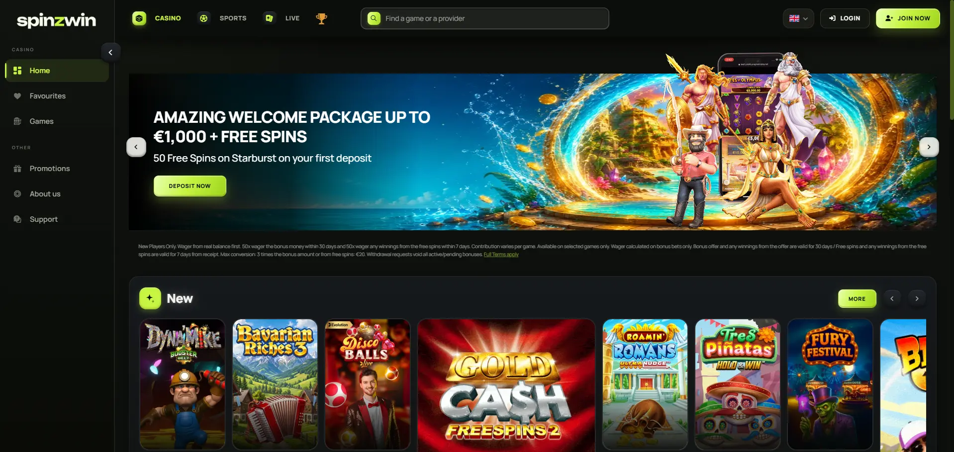 SpinzWin desktop homepage featuring an amazing welcome package up to €1,000 plus free spins, 50 free spins on Starburst with first deposit, and a New games section.