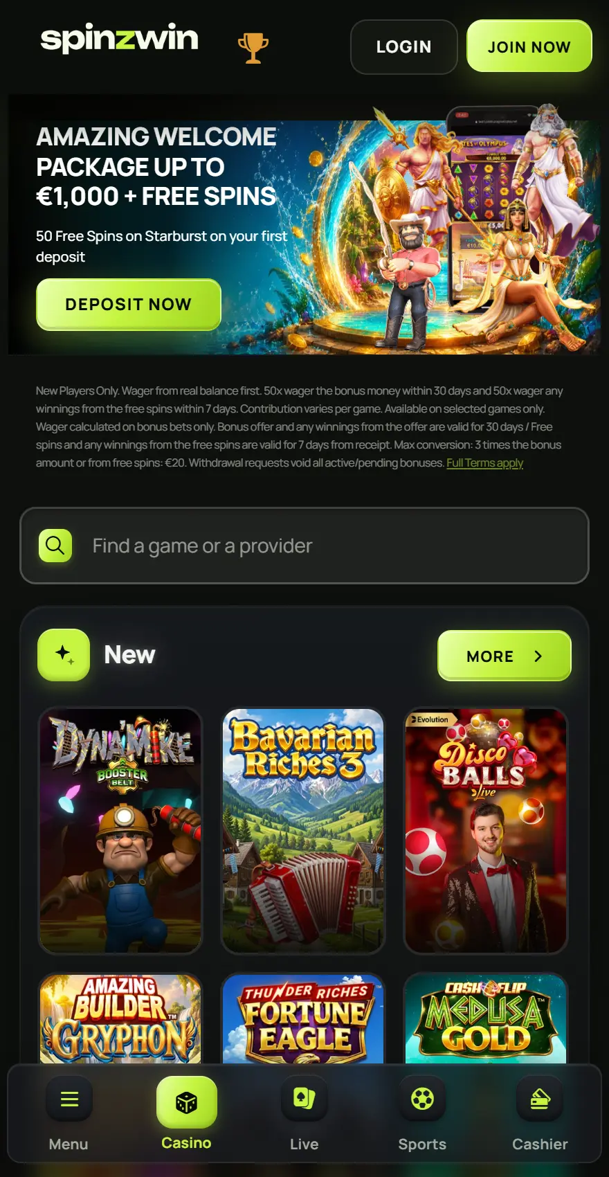 SpinzWin mobile homepage featuring an amazing welcome package up to €1,000 plus free spins, 50 free spins on Starburst with first deposit, and new casino games.