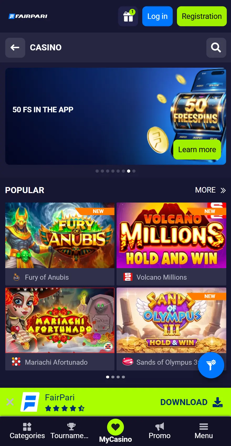 Fairpari Casino mobile page featuring a 50 free spins in the app promotion and Popular games including Fury of Anubis, Volcano Millions, Mariachi Afortunado and Sands of Olympus 3.