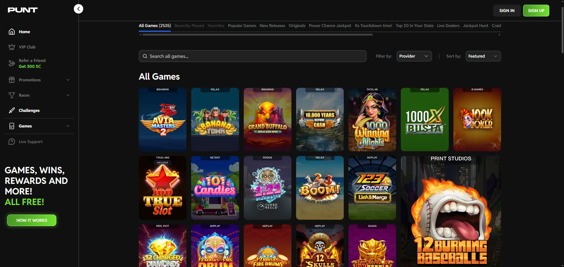 Punt Casino desktop All Games page with search, provider filters and titles including Avia Masters 2, Banana Town, Grand Buffalo and 1000x Busta.