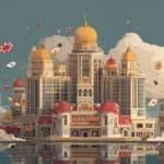 An ornate casino palace inspired by Trump Taj Mahal, with gold domes, floating poker chips and cards, symbolizing excess, debt, and the rise and fall of an Atlantic City casino icon.
