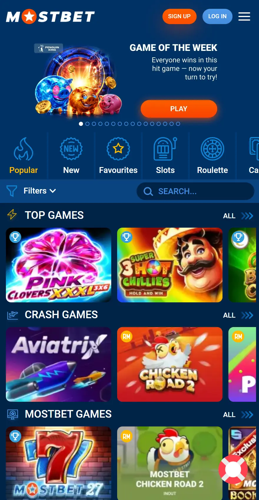 Mostbet Casino mobile page featuring Game of the Week, Popular, New and Favourite categories, Top Games, Crash Games and Mostbet Games including Chicken Road 2.