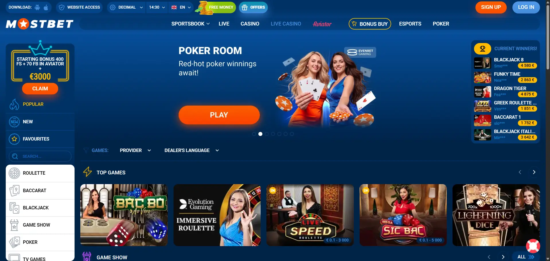 Mostbet live casino desktop page featuring a Poker Room promotion, live casino filters and Top Games including Bac Bo, Immersive Roulette, Speed Roulette and Lightning Dice.