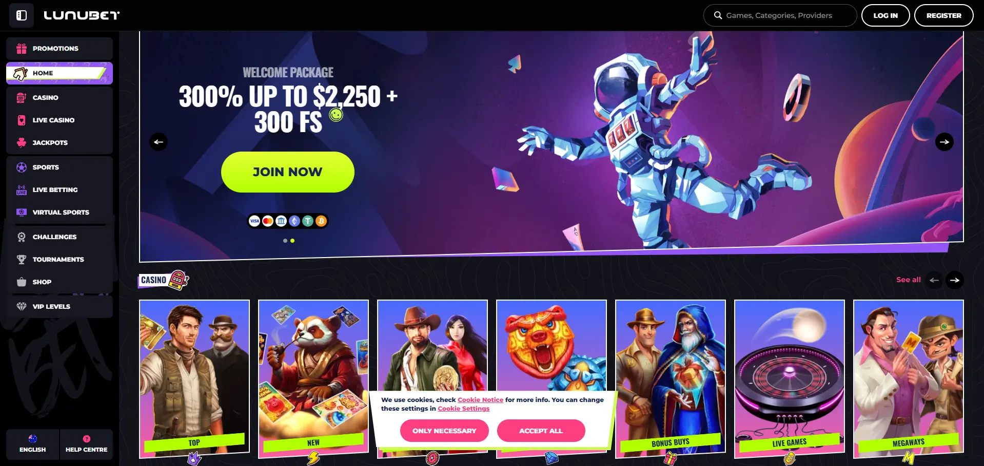 LunuBet desktop homepage featuring a 300% welcome package up to ,250 plus 300 free spins, with casino game categories and featured titles.