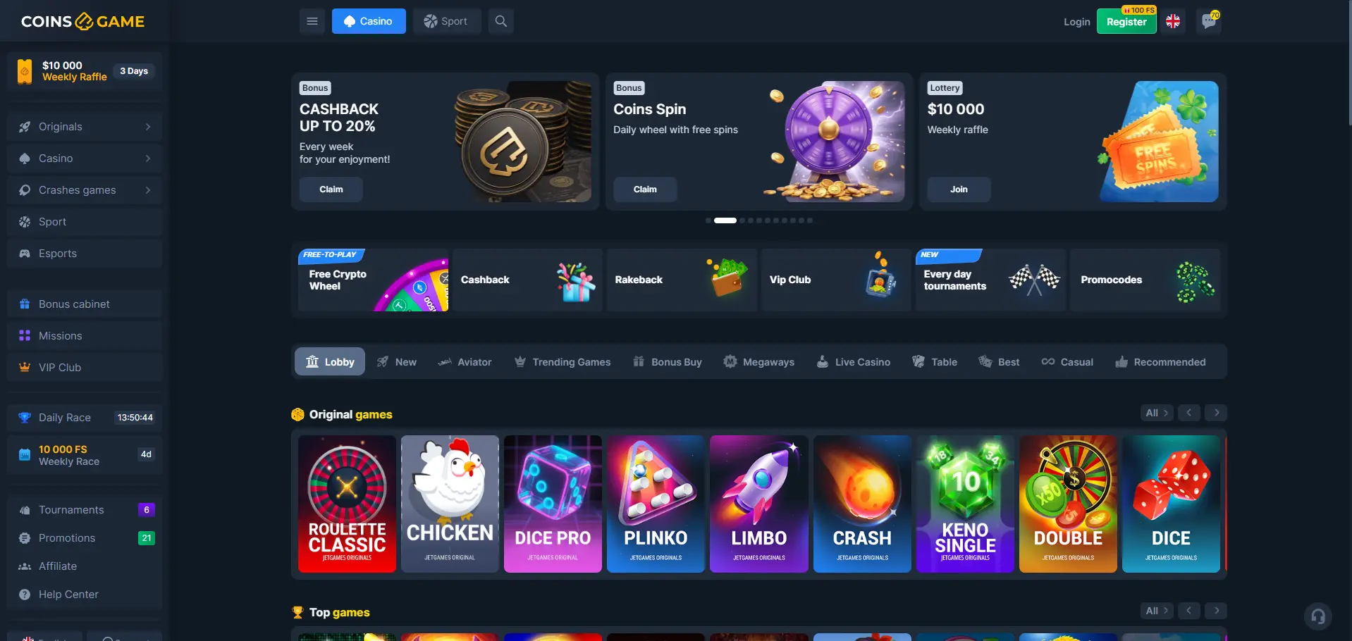 Coins.Game Casino desktop page featuring cashback, Coins Spin and weekly raffle promotions, casino categories, provider filters and Original games including Roulette Classic, Chicken, Dice Pro and Plinko.